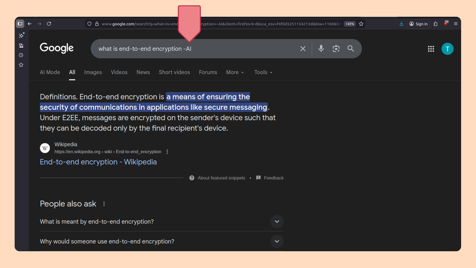 Screenshot of a search in Google with the the prompt -AI to show results without the AI Overview