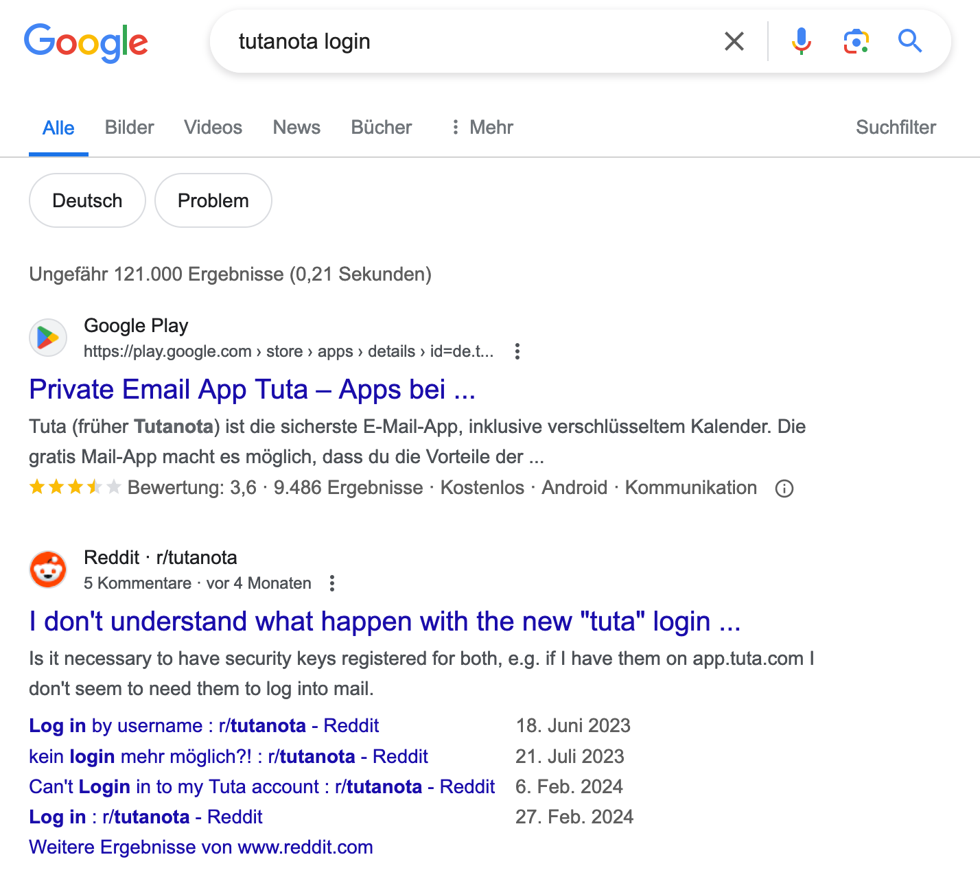 Google-Ergebnisse bei der Suche nach "Tutanota login" in Deutschland.