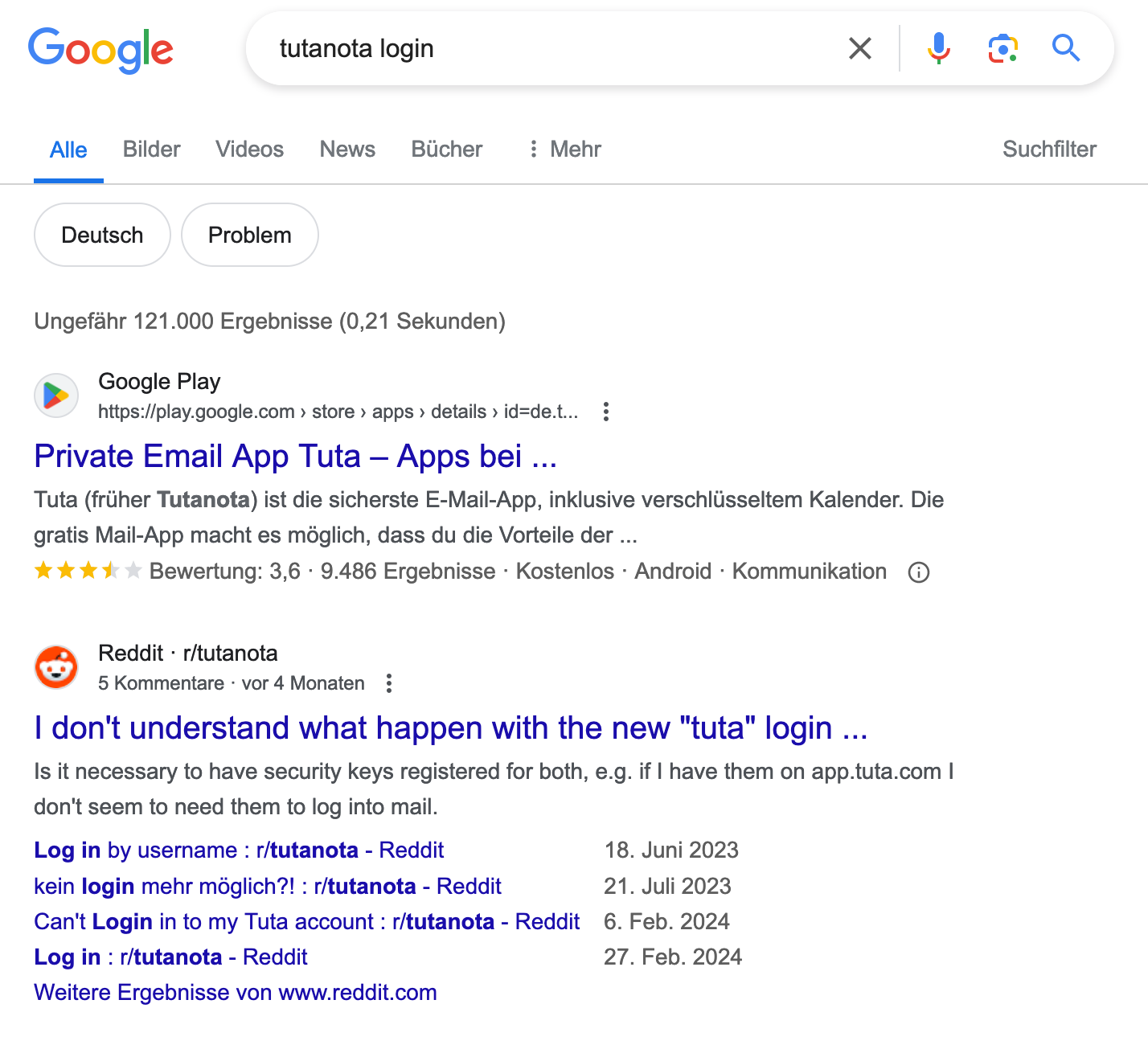 Only on Google, the Tutanota website is not displayed when searching for “Tutanota login”