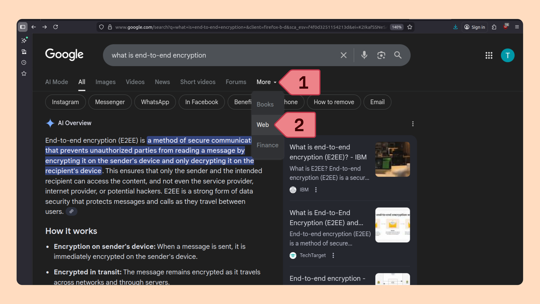 Screenshot of a search in Google with the AI overview and steps to turn it off. Click more, then click Web.