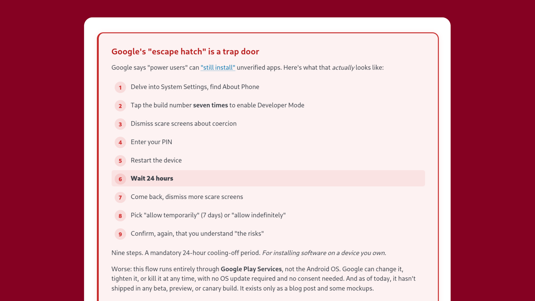 Screenshot from Keep Android Open of the steps to follow of Google’“escape hatch”.