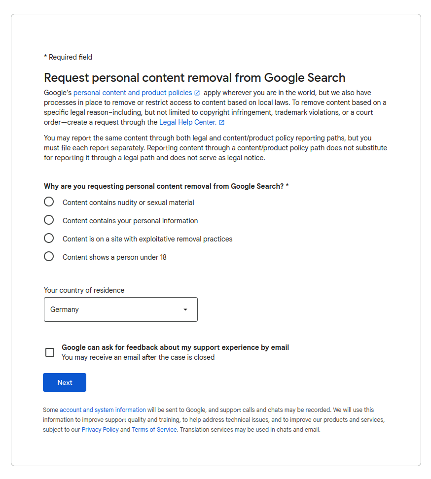 Screenshot: Request personal content removal from Google Search.