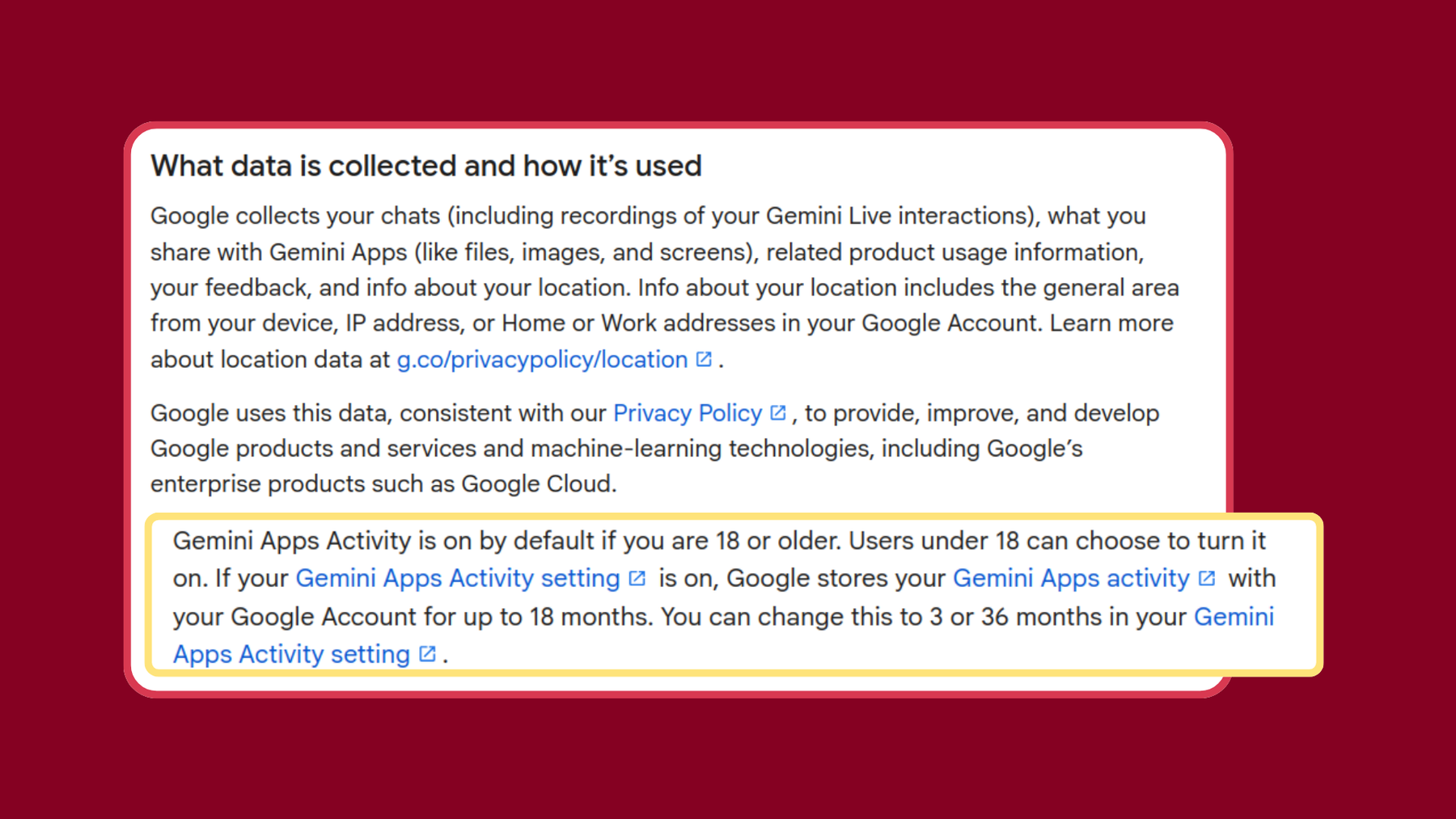 Google Gemini Apps Privacy Hub screenshot: Gemini Apps activity is on by default if you are 18 or older.