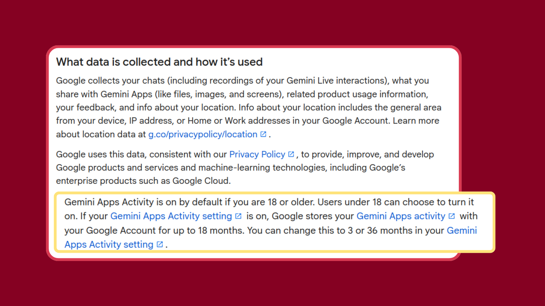 Google Gemini Apps Privacy Hub screenshot: Gemini Apps activity is on by default if you are 18 or older.