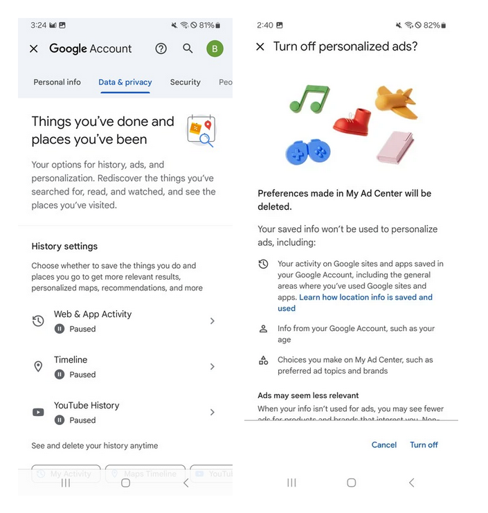 Deaktivieren Sie den Google-Verlauf und personalisierte Anzeigen.