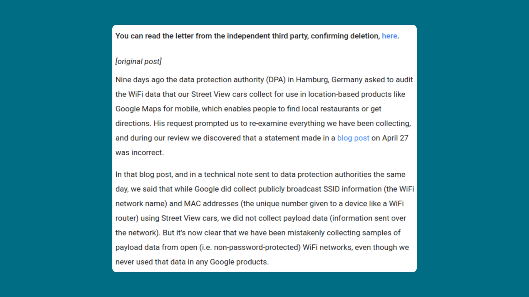A screenshot of Google's official response to WiFi data collection.