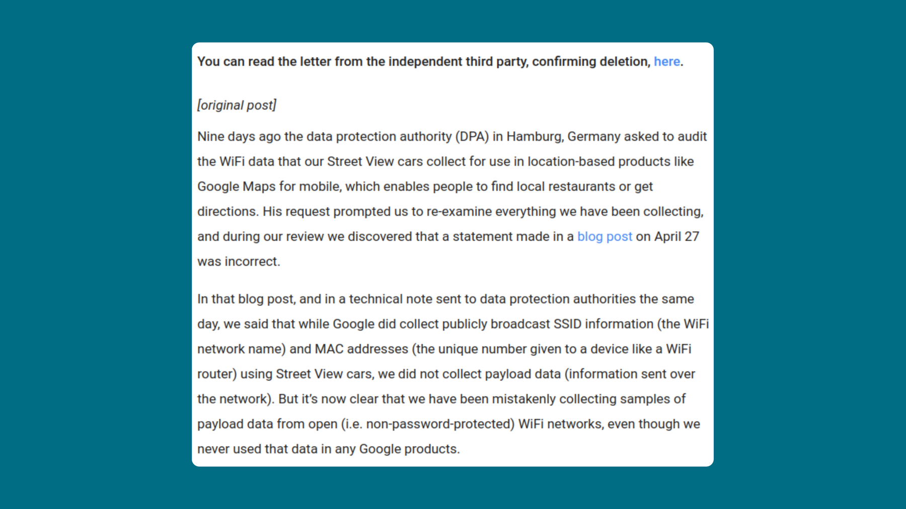 A screenshot of Google’s official response to WiFi data collection.