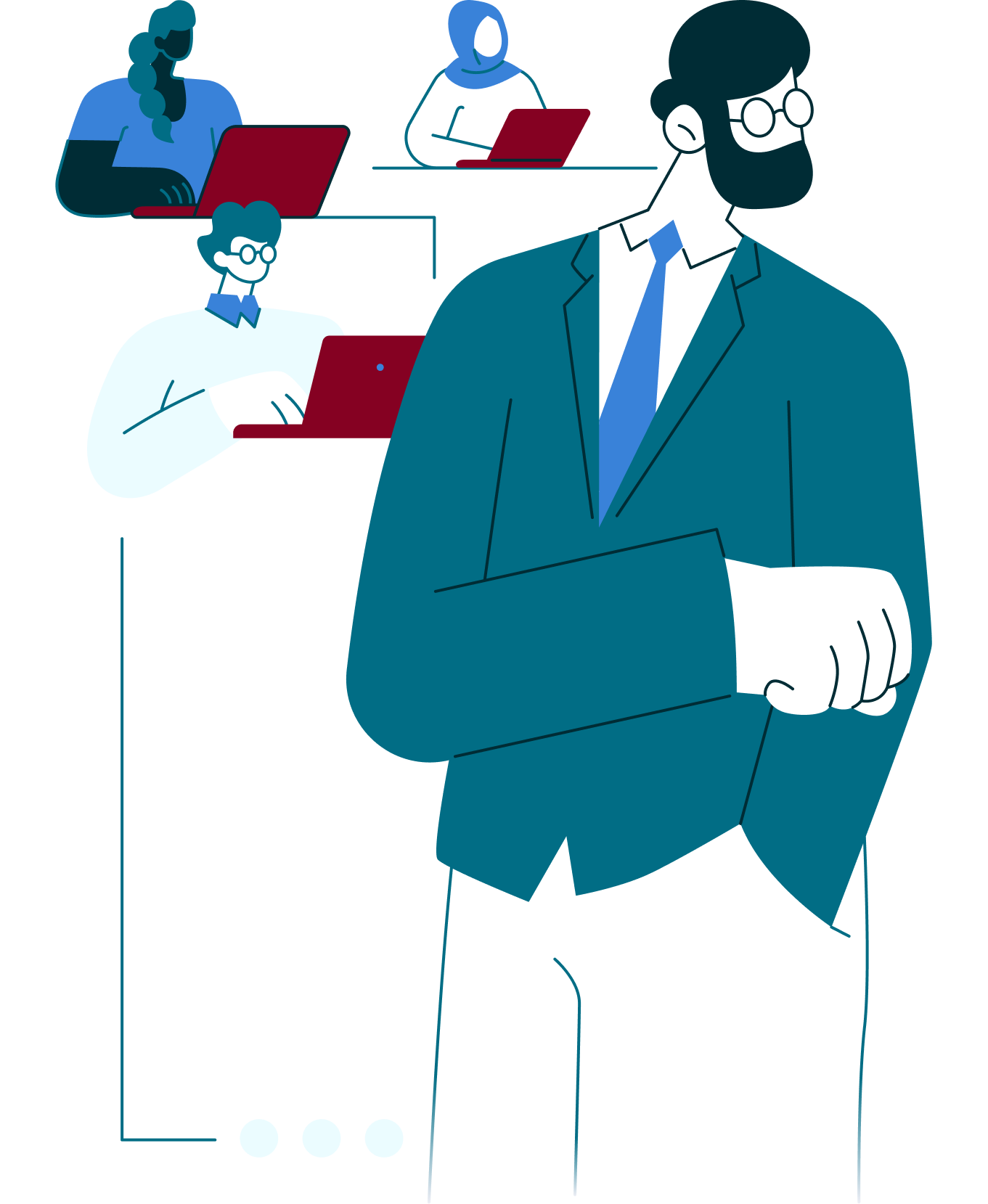 Illustration of a businessman doing a fist bump, surrounded by colleagues working on laptops.