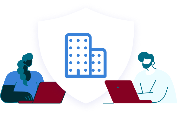 Illustration of a shield with a building icon inside, surrounded by business people working on laptops.