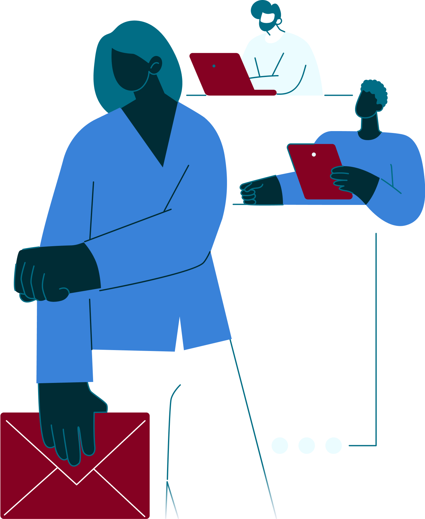 Illustration of a businesswoman holding an email symbol in her right hand and doing a fist bump, surrounded by colleagues working on laptops and iPads.