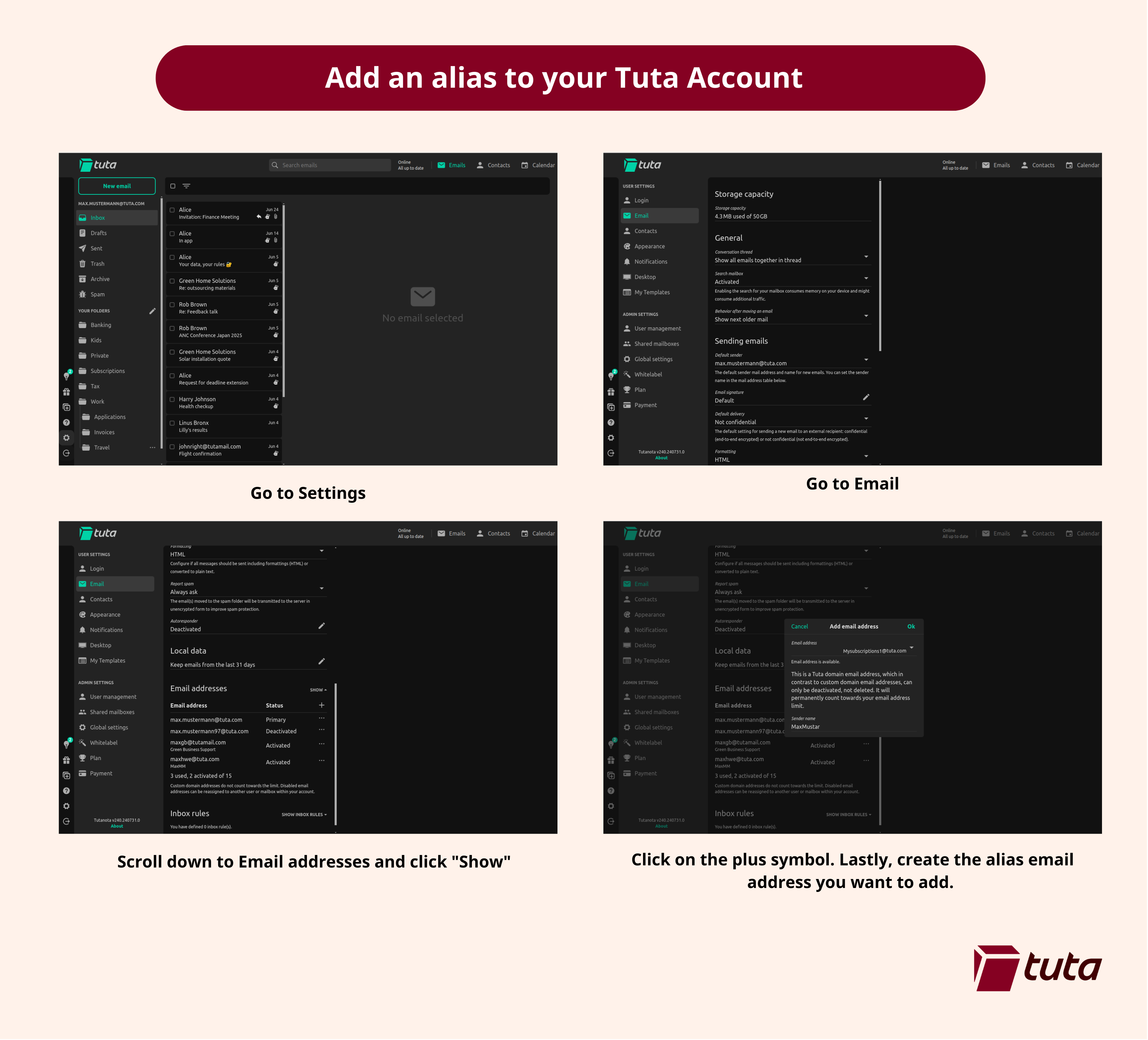 How to add an alias to your Tuta account, step-by-step instruction