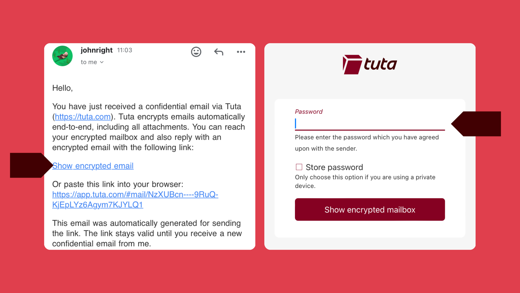 How to open a password-protected email sent from Tuta Mail: click on link and type password.