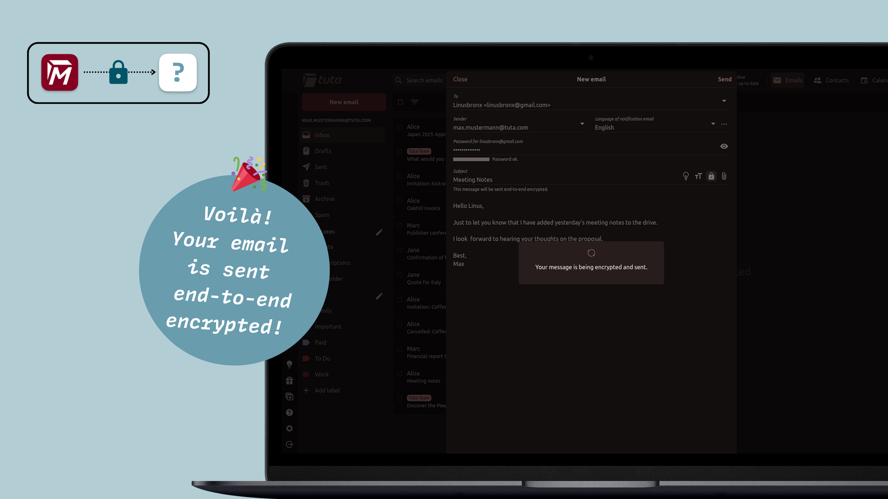 How to send an end-to-end encrypted email to an external email address from Tuta Mail: When you click send your email is automatically sent end-to-end encrypted.