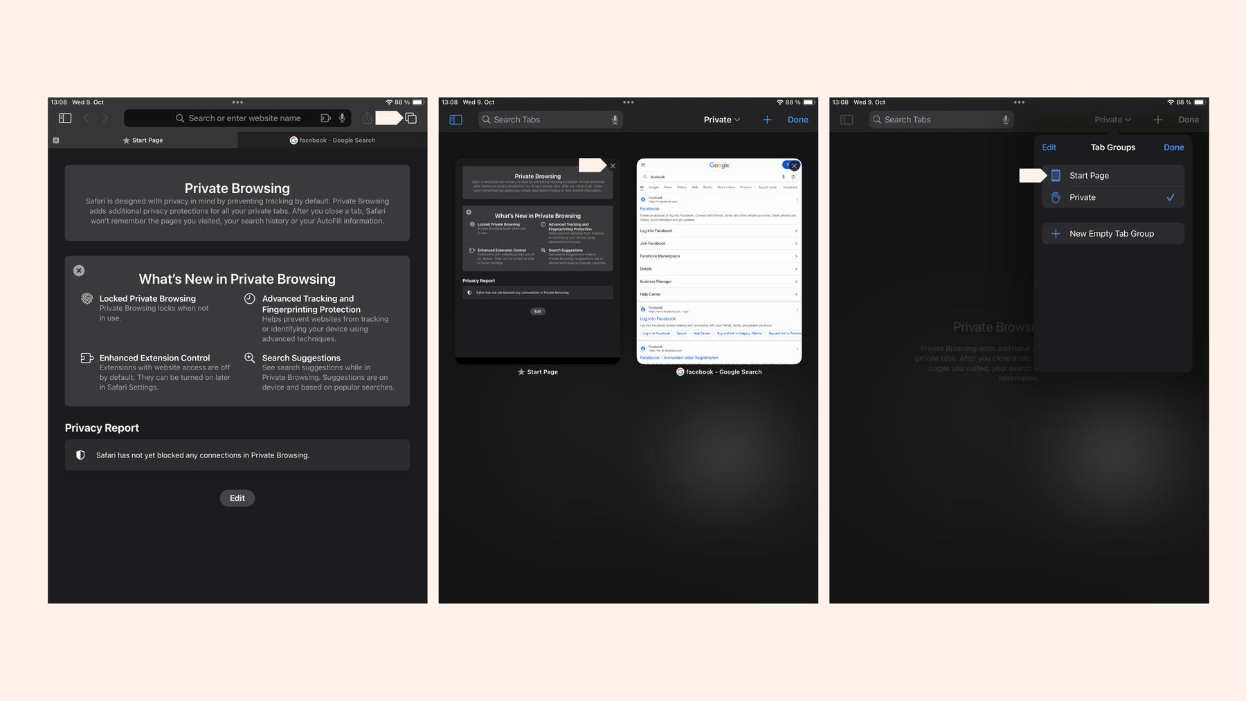 Detailed screenshots of steps to turn off private mode on iPad