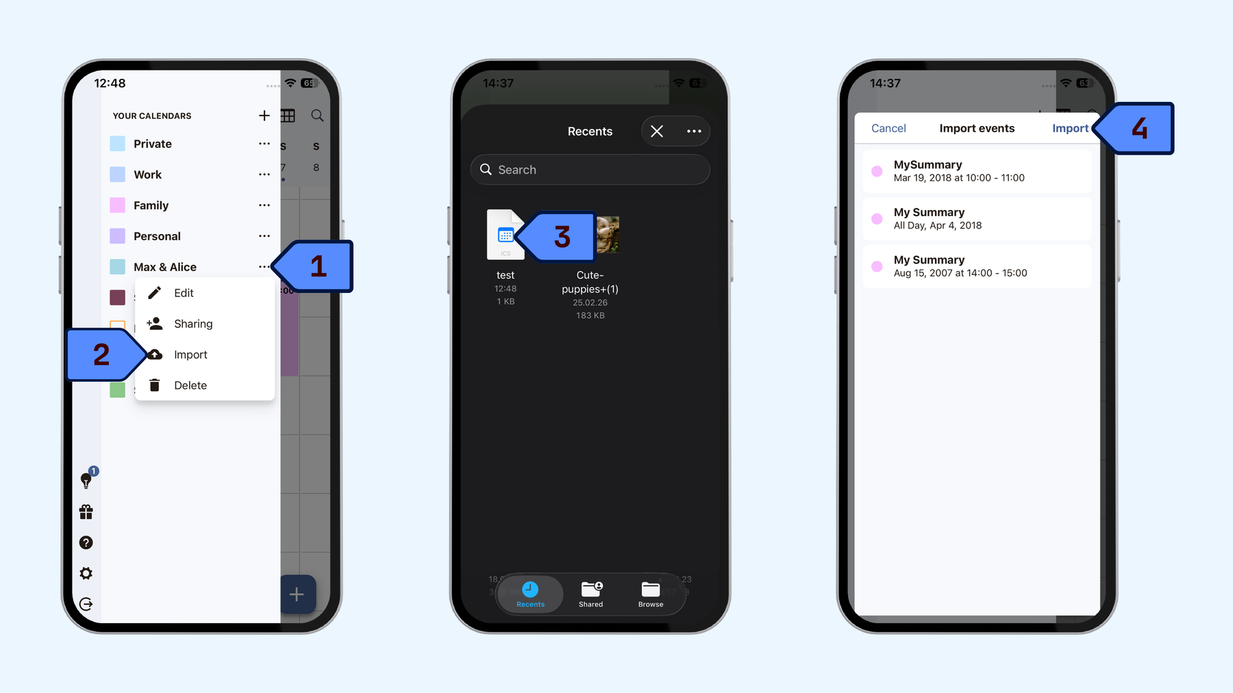 Steps to import external calendars into Tuta Calendar app on mobile. Login to your account, click on the three-dot button next to the calendar you wish to import data to, click Import, select the ics files and click open.