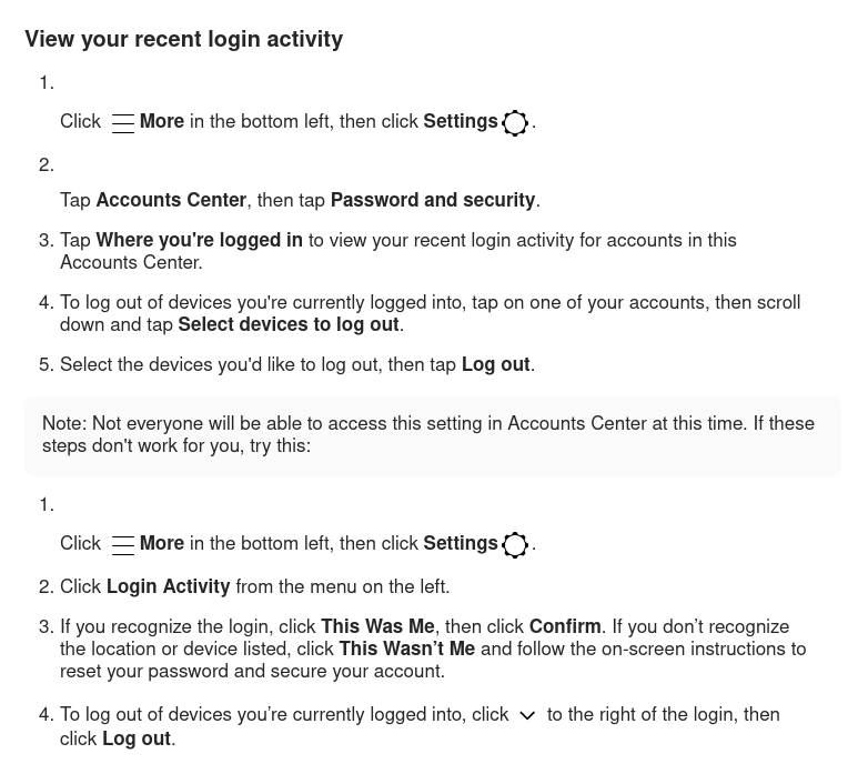 Screenshot of Meta's official guide to reviewing login activity in your Instagram account.