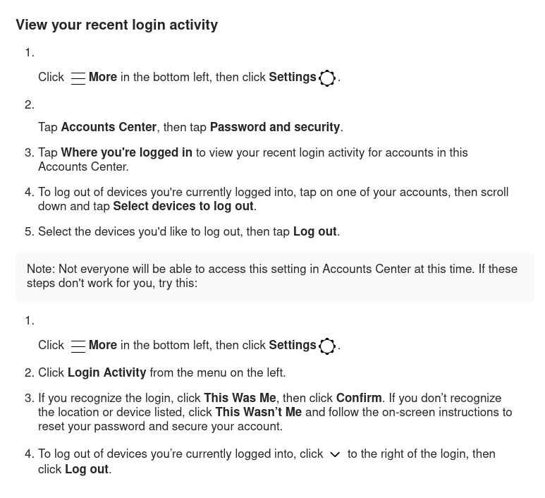 Screenshot of Meta’s official guide to reviewing login activity in your Instagram account.