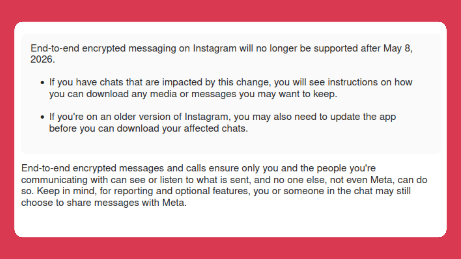 Screenshot from Instagram's help page announcing that end-to-end encrypted messaging on Instagram will no longer be supported after May 8th, 2026.
