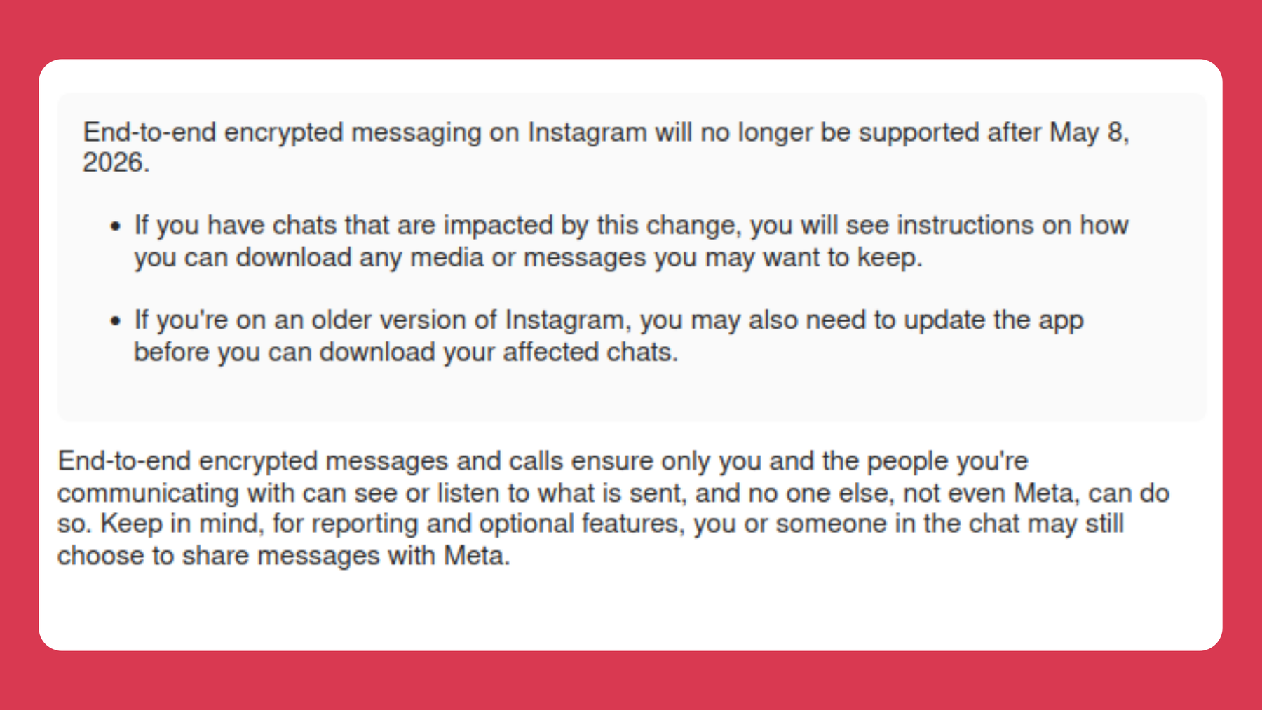 Screenshot from Instagram’s help page announcing that end-to-end encrypted messaging on Instagram will no longer be supported after May 8th, 2026.