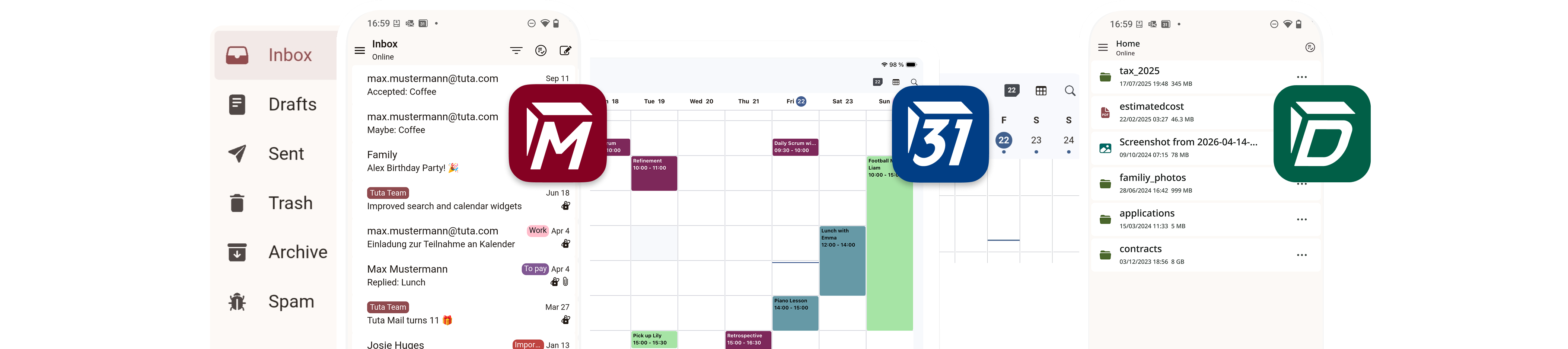 Snímky obrazovky Tuta Mail a Tuta Calendar s narozeninovým balením.