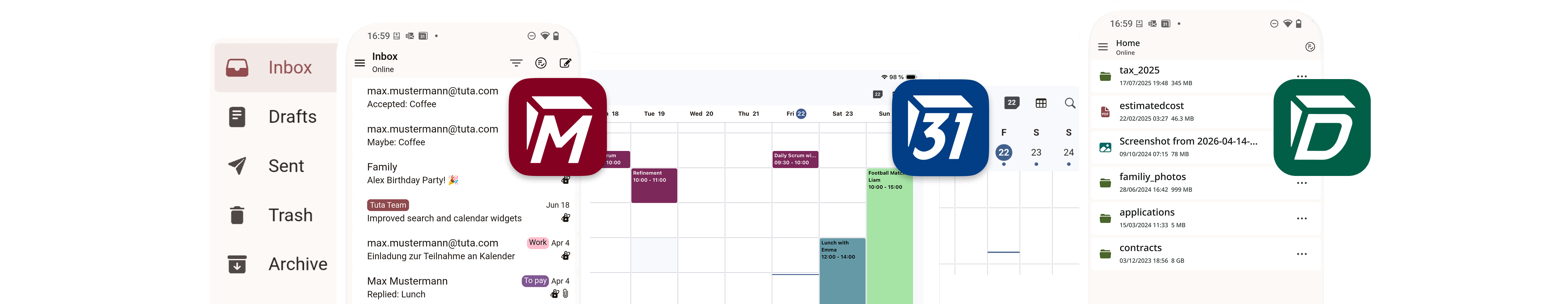 Screenshots von Tuta Mail und Tuta Calendar mit Geburtstagsumschlag.