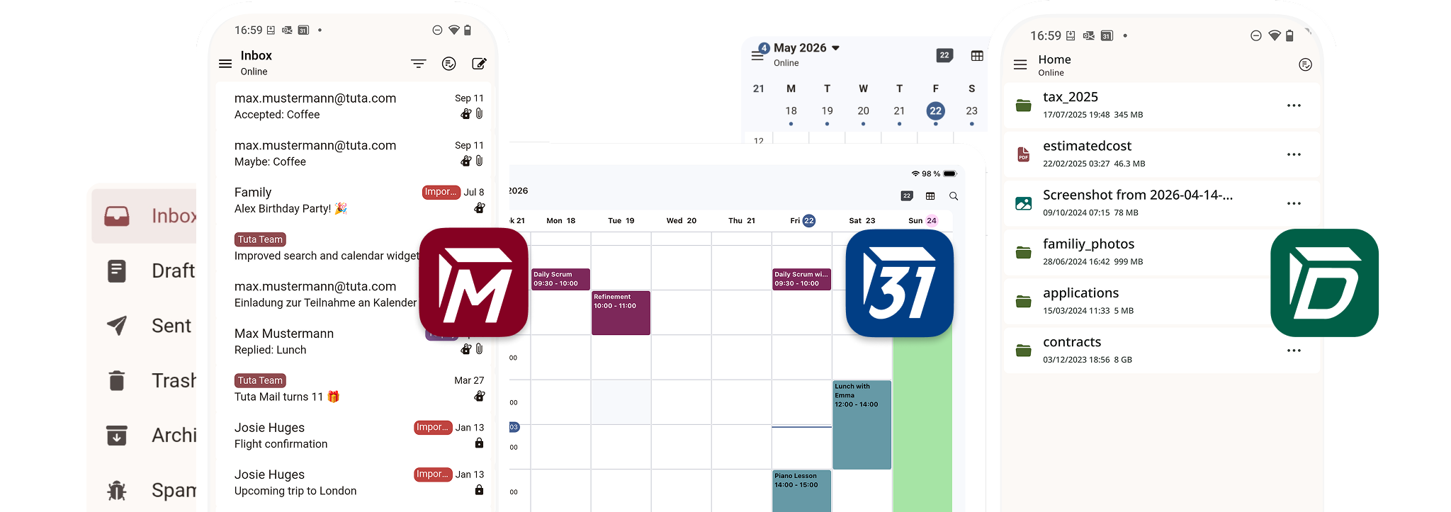 Snímky obrazovky Tuta Mail a Tuta Calendar s narozeninovým balením.