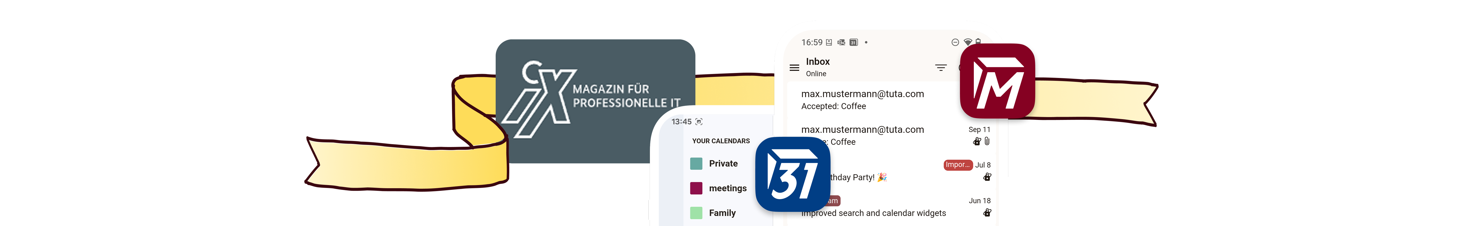 Screenshots von Tuta Mail und Tuta Calendar mit Geburtstagsumschlag.