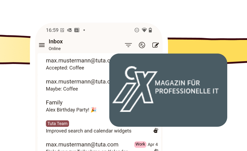 Screenshots von Tuta Mail und Tuta Calendar mit Geburtstagsumschlag.