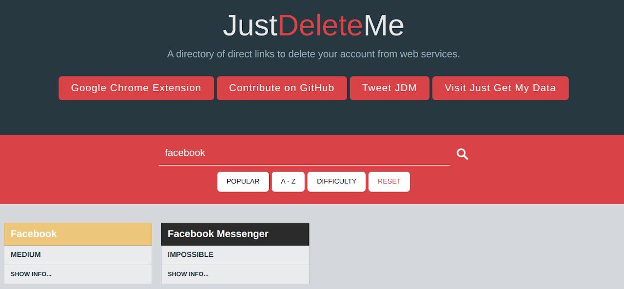 Screenshot of JustDeleteMyData