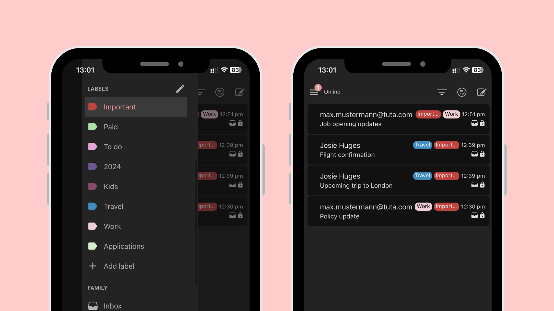 Labels in Tuta Mail on a mobile device, dark theme