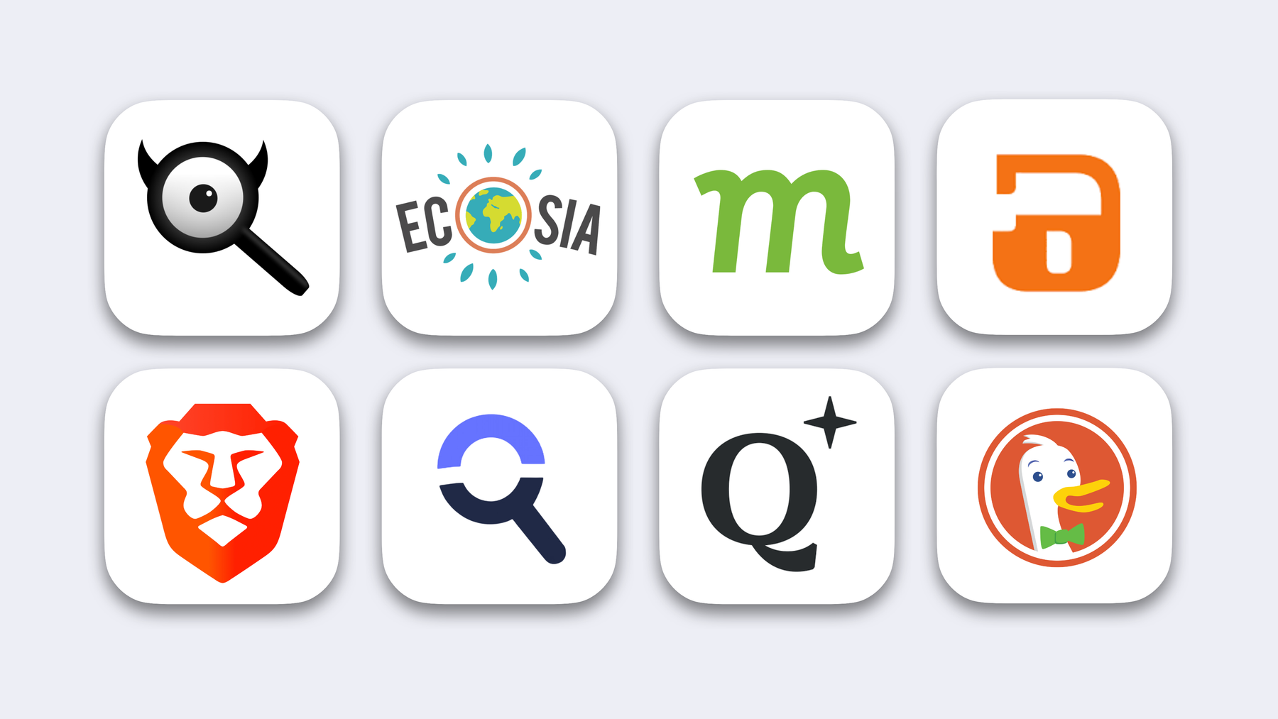 Liste alternativer Such-Provider zu Google Search: Searx, Escosia, Mojeek, DuckDuckGo.