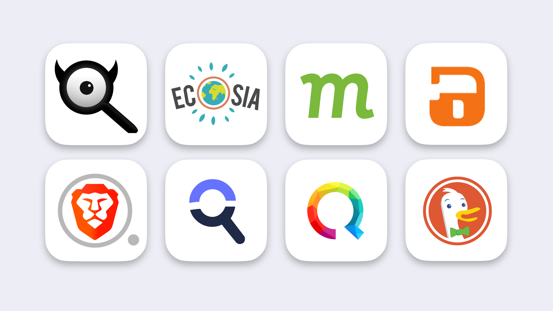 Liste alternativer Such-Provider zu Google Search: Searx, Escosia, Mojeek, DuckDuckGo.