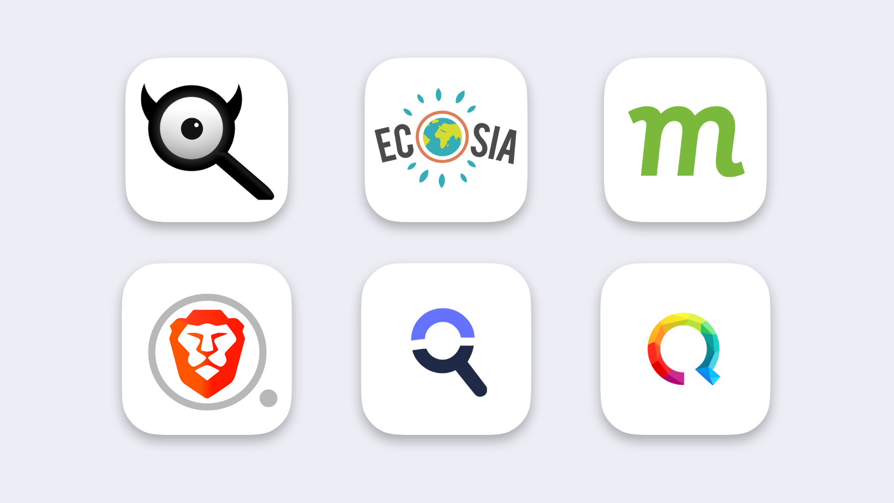 Liste alternativer Such-Provider zu Google Search: Searx, Escosia, Mojeek, DuckDuckGo.