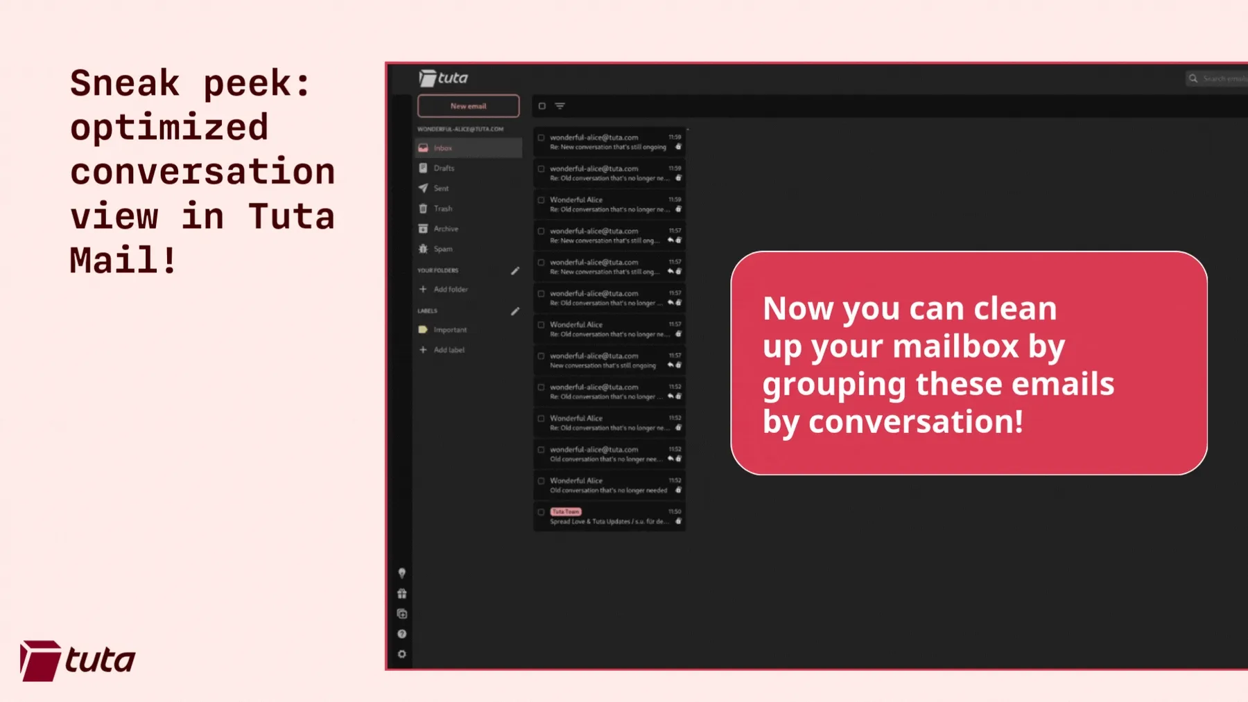 Preview of conversation view. Soon you will be able to use an optimized conversation view in Tuta Mail. Now emails can be grouped by conversation.
