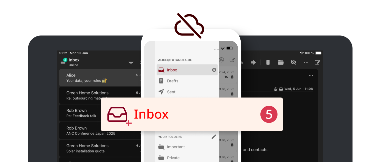 Laptop-Bildschirm mit geöffneter Tuta Mail-App, die den Posteingang und eine geöffnete E-Mail mit der Betreffzeile "Deine Daten, deine Regeln" anzeigt.