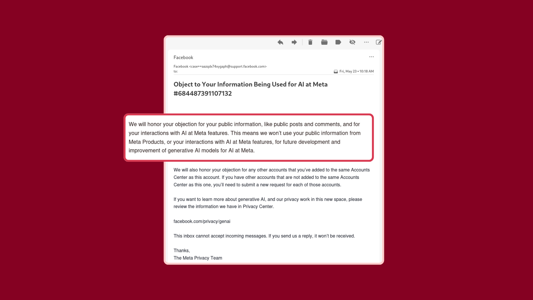 Meta Email: Object to your information being used for AI at Meta.