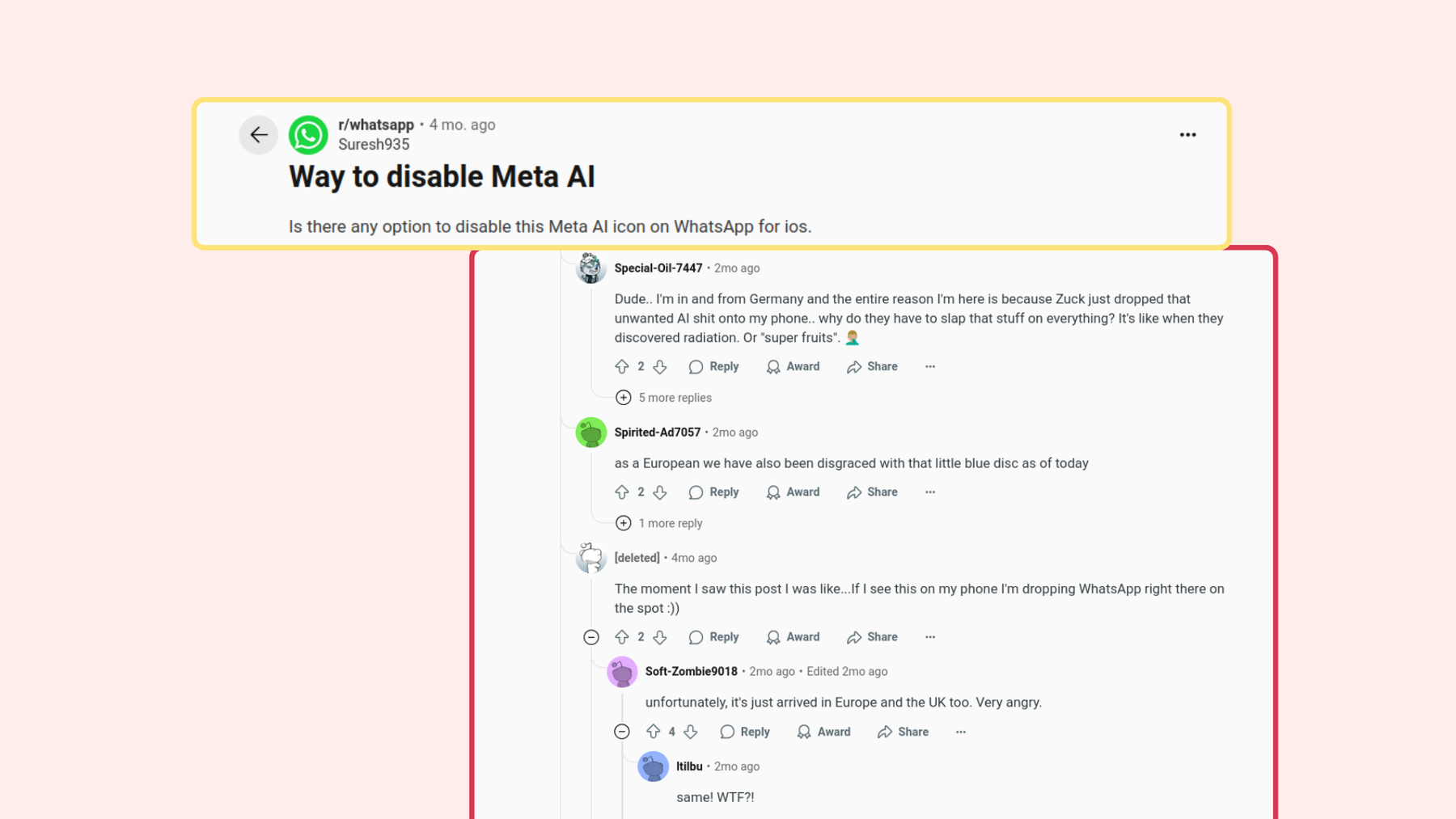 Screenshot of Reddit post, “Way to disable Meta AI. Is there any option to disable this Meta AI icon on WhatsApp for iOS.
