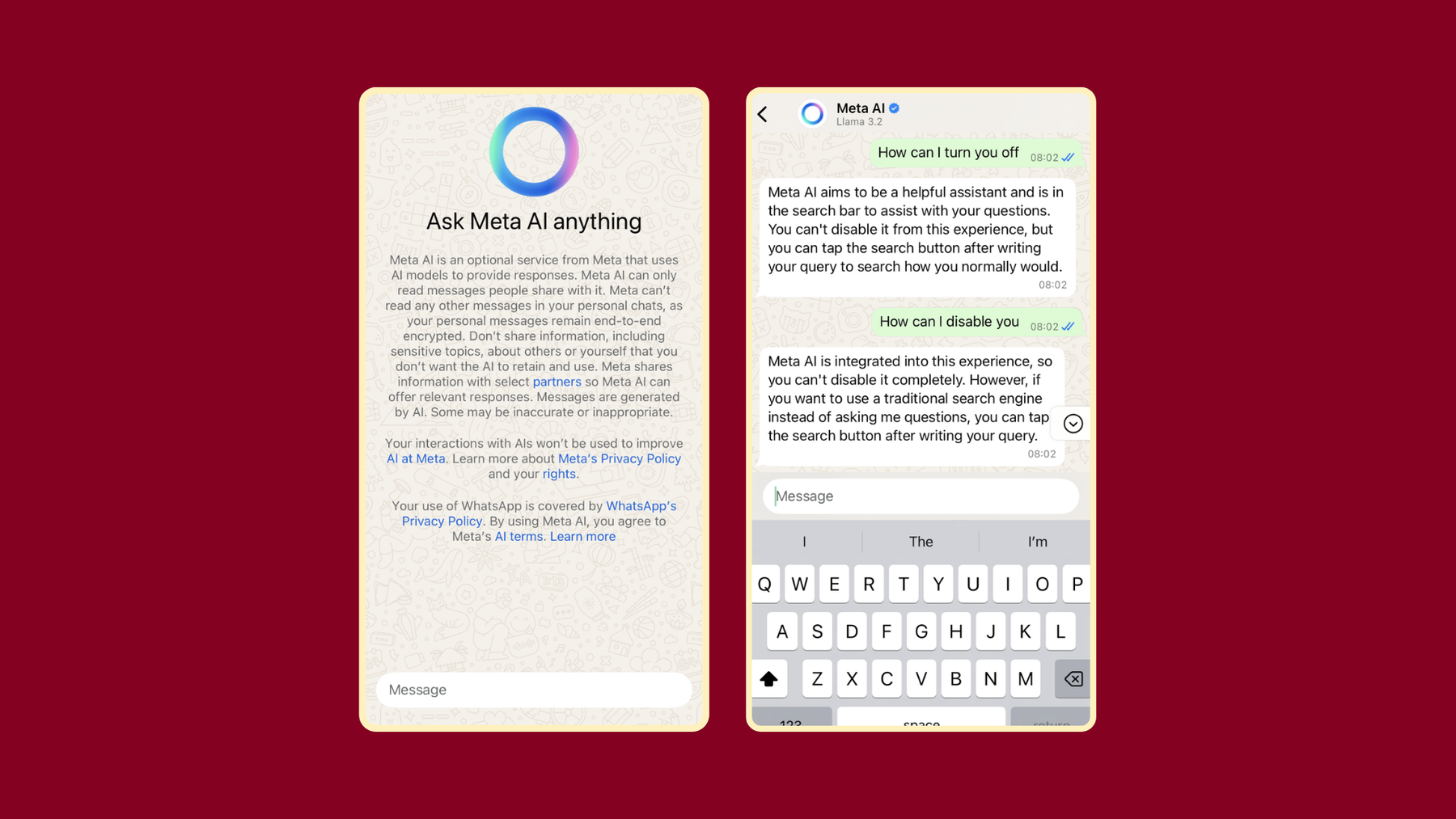 Screenshot of the Meta AI bot in WhatsApp Messenger, “Ask me anything”.