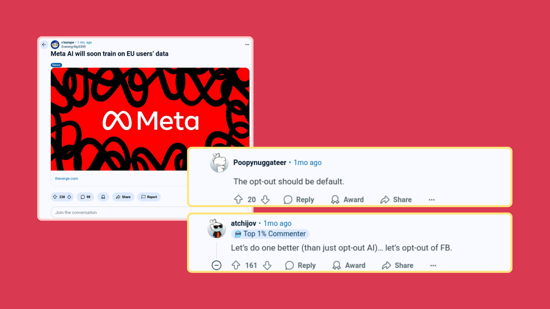 Screenshot of Reddit post, “Meta AI will soon train EU user’s data.” Redditors reply, “The opt-out should be default” and “Let’s do one better (than just opt-out AI)…let’s opt-out of FB.”