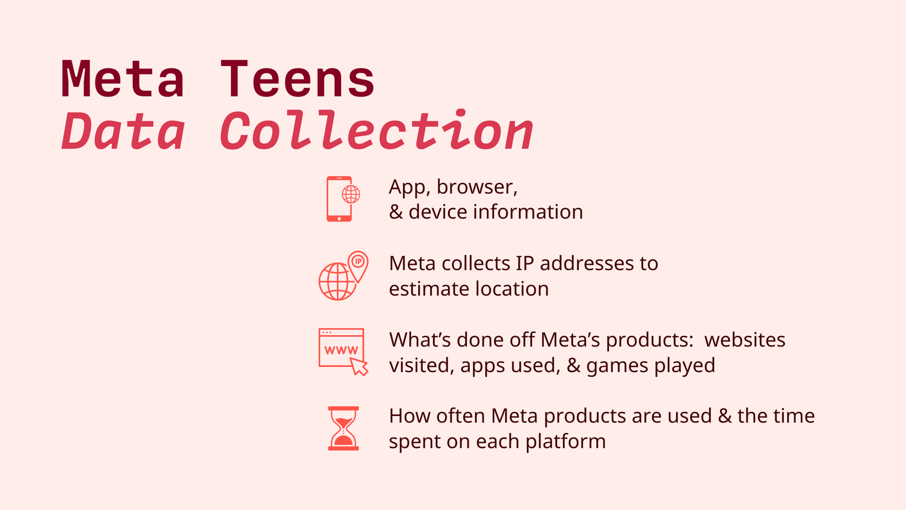 Meta Data Collection: app, browser and device information, Ip addresses, websites visited and games played, how often meta products are used and the duration.