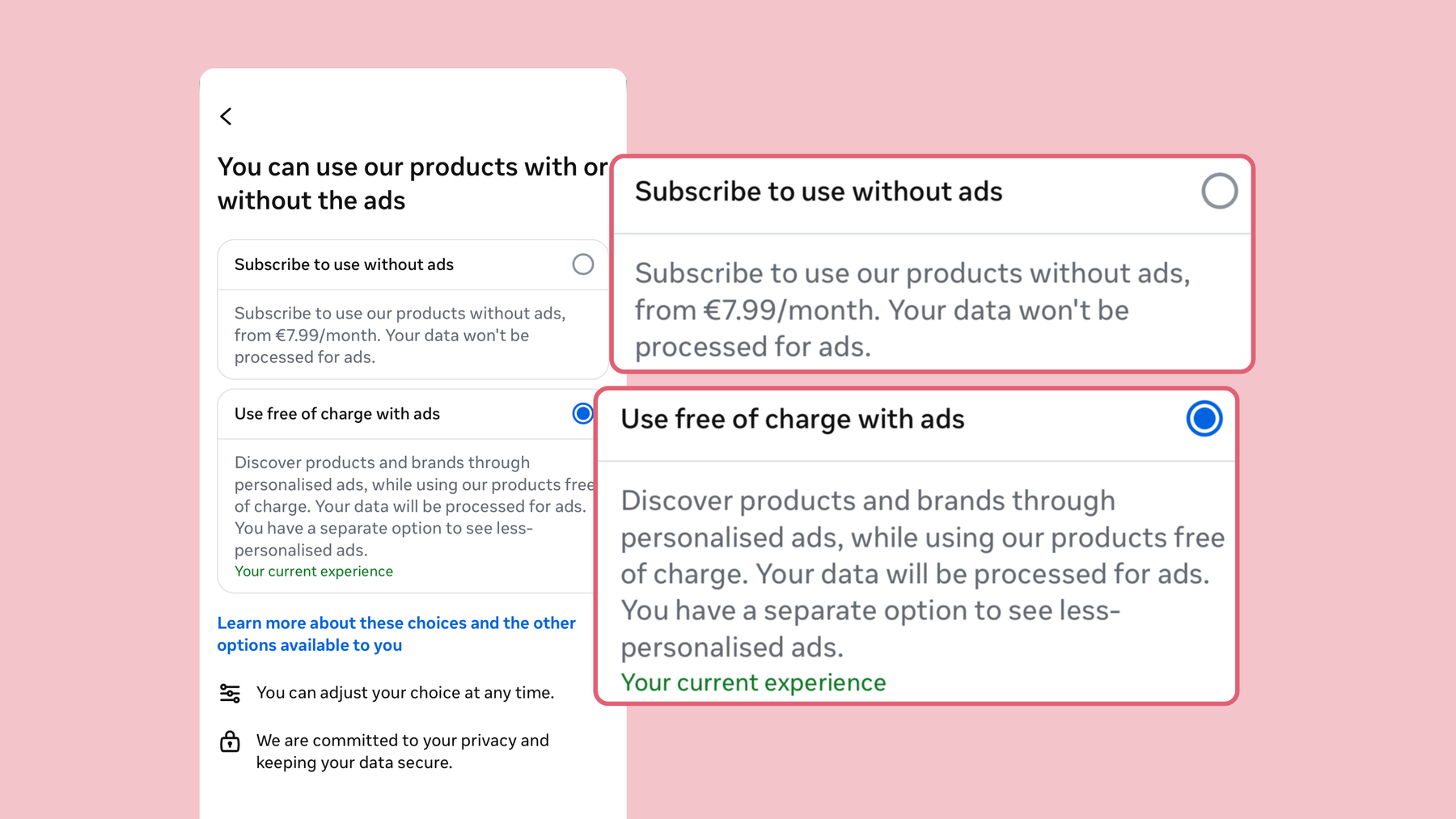 Screenshot of Meta Ad Preferences: subscribe to use Meta without ads or use free of charge with ads.