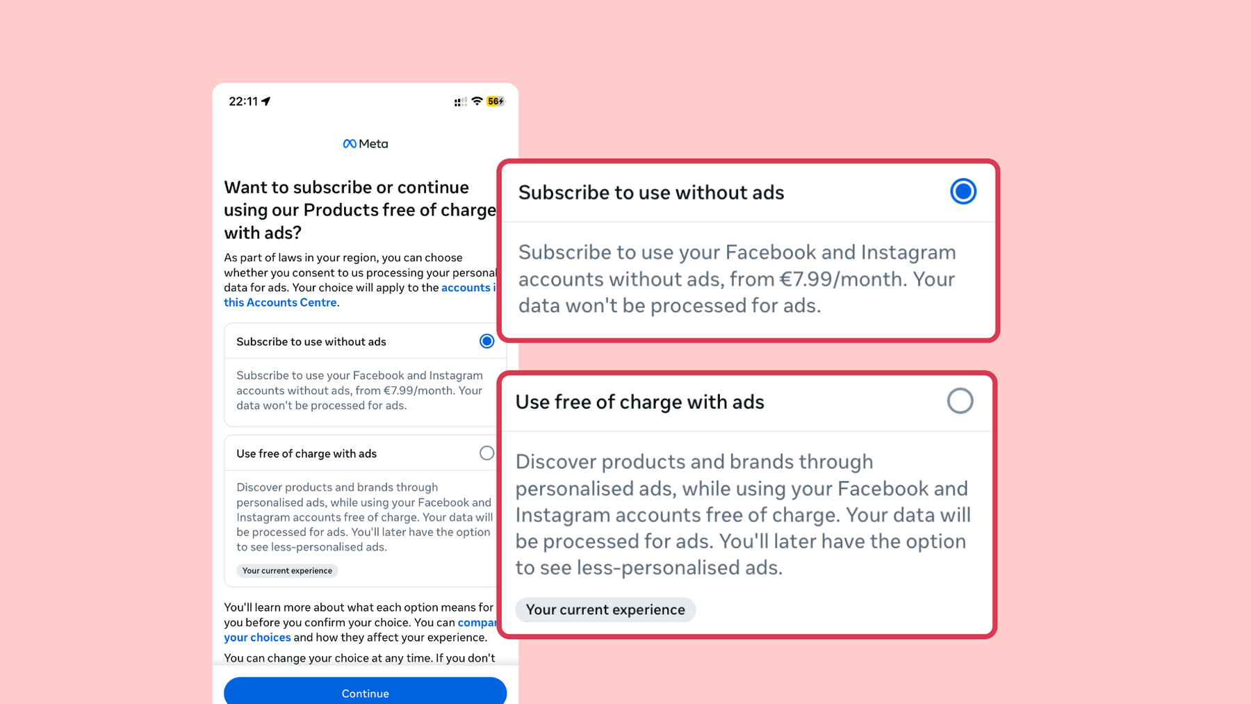 Screenshot of Meta's pay or consent: subscribe to use Facebook and Instagram without ads or use free of charge with ads.