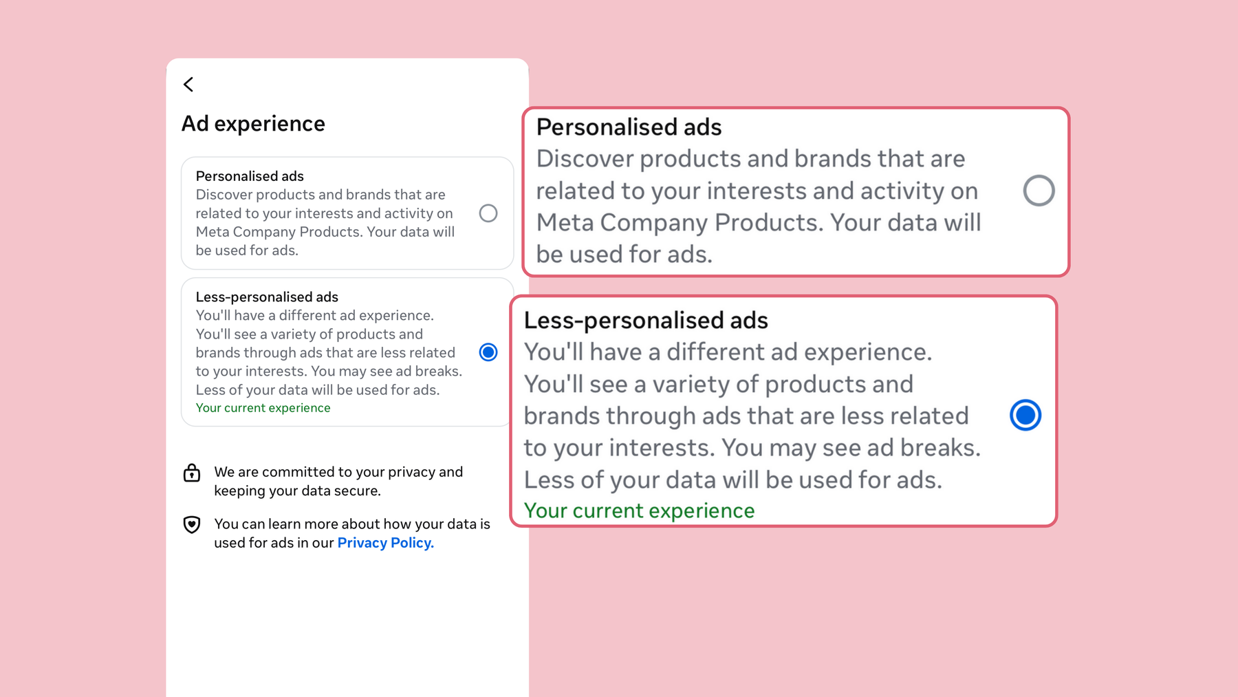 Screenshot of Meta Ad Experience: Choose Personalised ads, or Less-personalised ads.