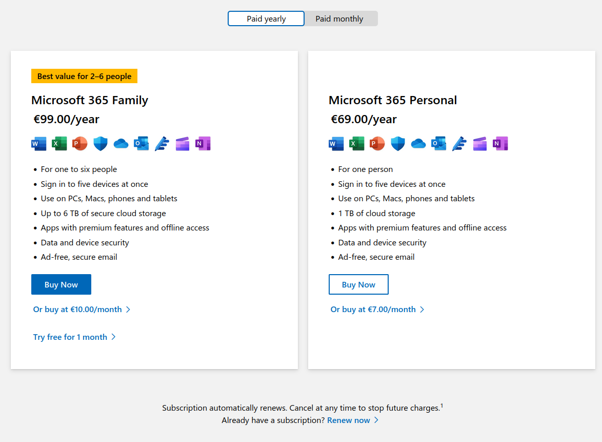 Microsoft Outlook Pricing: Microsoft 365 Family Plan and Personal Plan; prices of 2024