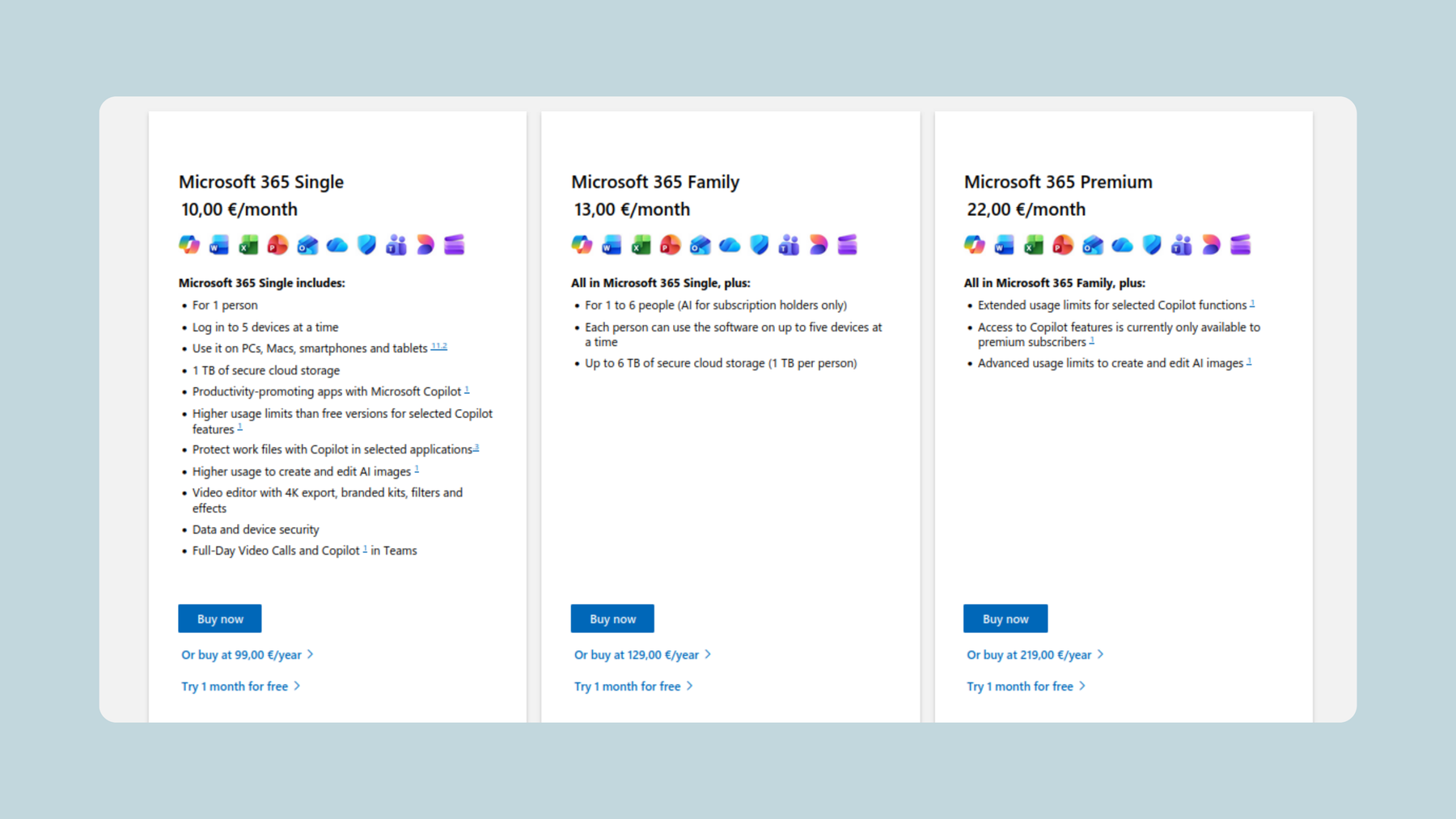 Microsoft Outlook prices of 2026 for Microsoft 365 Single, Microsoft 365 Family, Microsoft 365 Premium.