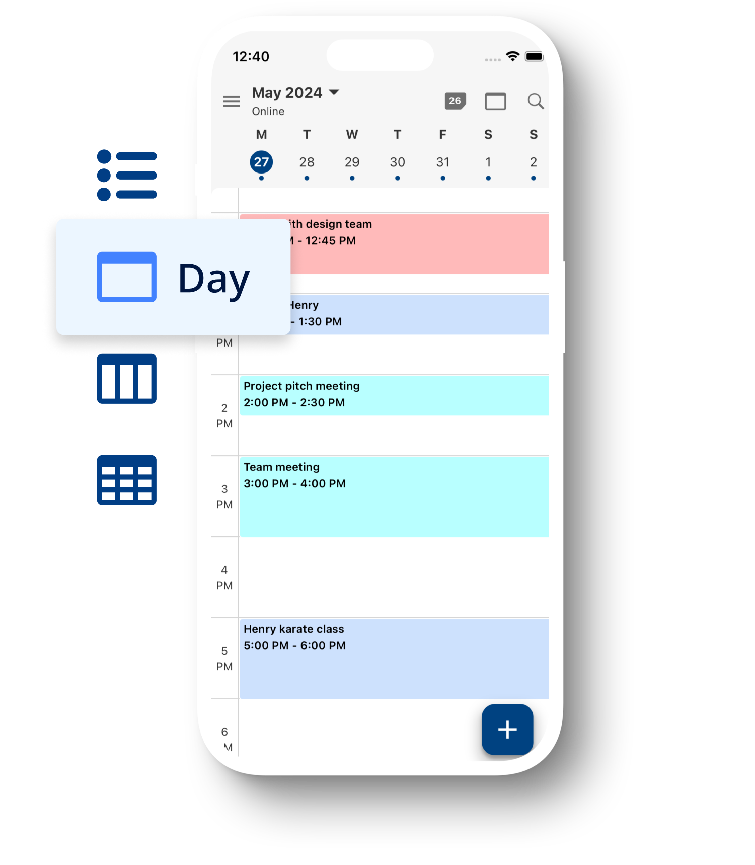 Das Telefon zeigt den sicheren Tuta Calendar in der Wochenansicht mit vergrößerten Symbolen an der Seite, um zu verdeutlichen, dass der Tuta Calendar individuell anpassbar ist und man so gut organisiert bleiben kann.