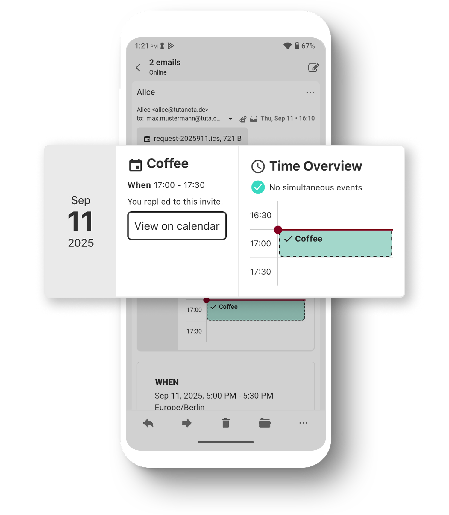 Enlarged event notification within Tuta Mail to respond to a calendar invitation. 
