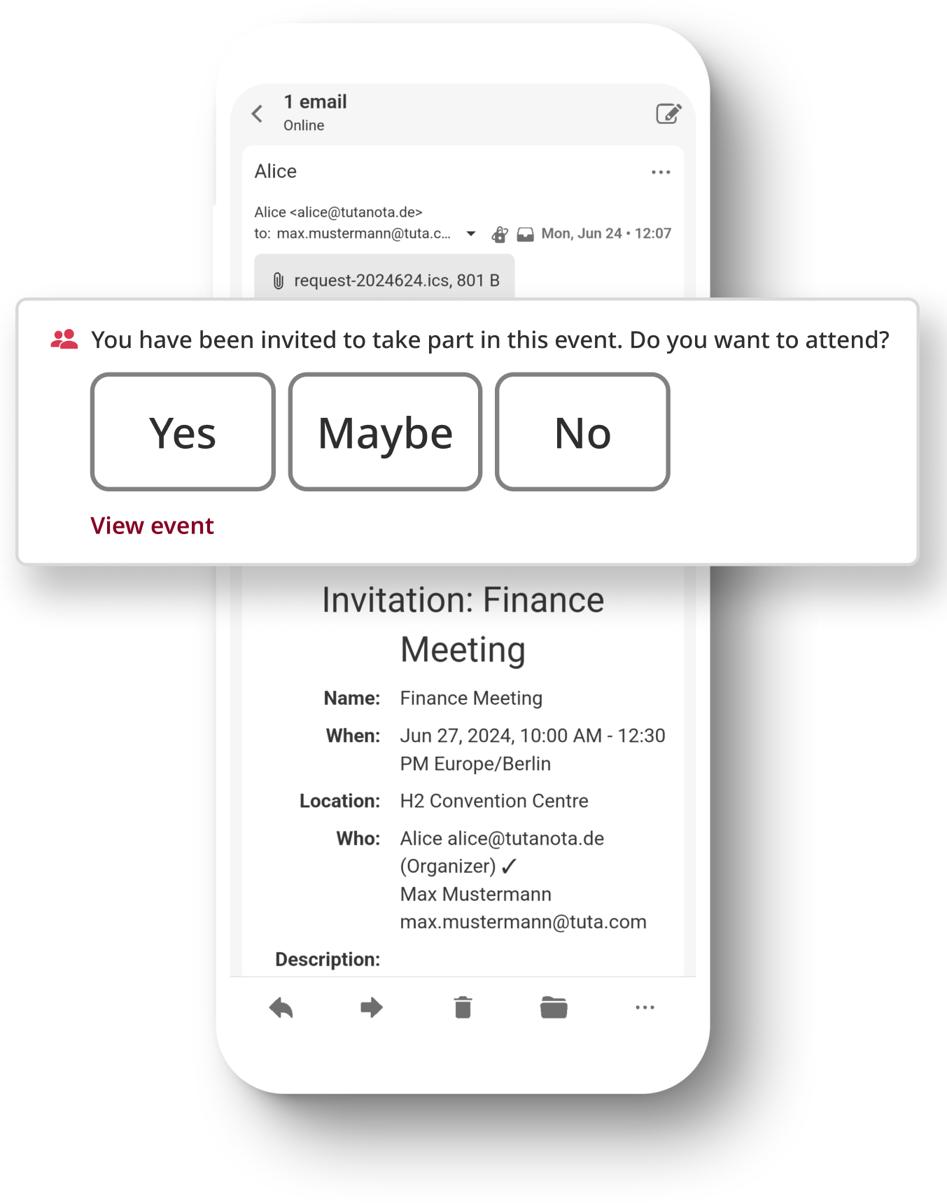 Enlarged event notification within Tuta Mail to respond to a calendar invitation. 