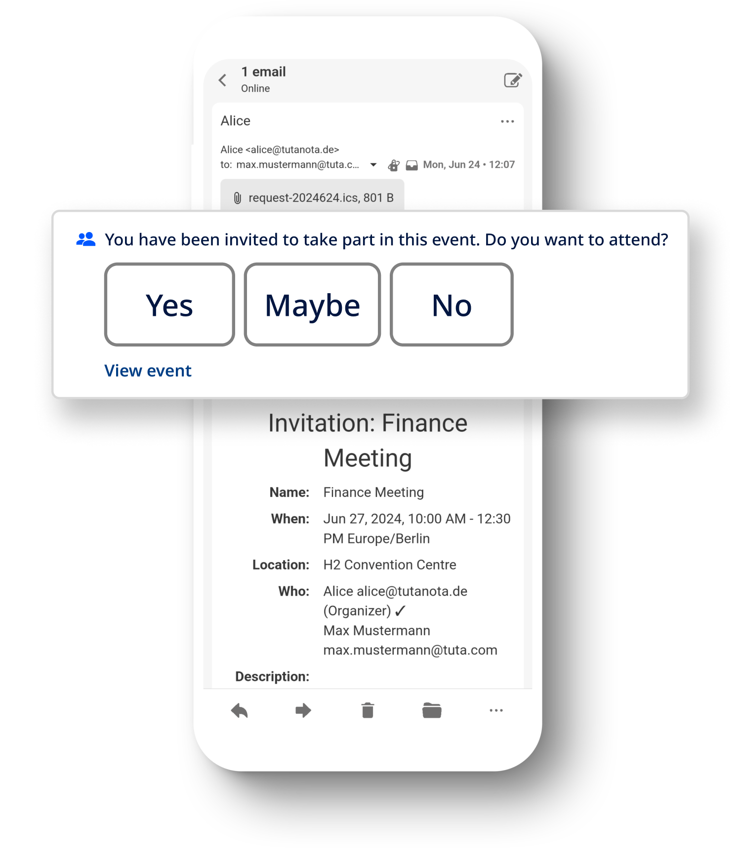 Vergrößerte Ereignisbenachrichtigung in Tuta Mail, um auf eine Kalendereinladung zu antworten.