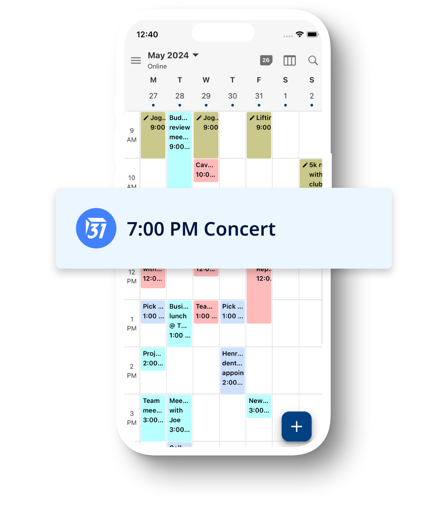 Teléfono mostrando el Calendario Tuta en vista semanal. Delante hay una notificación de evento ampliada, informando de un próximo concierto.